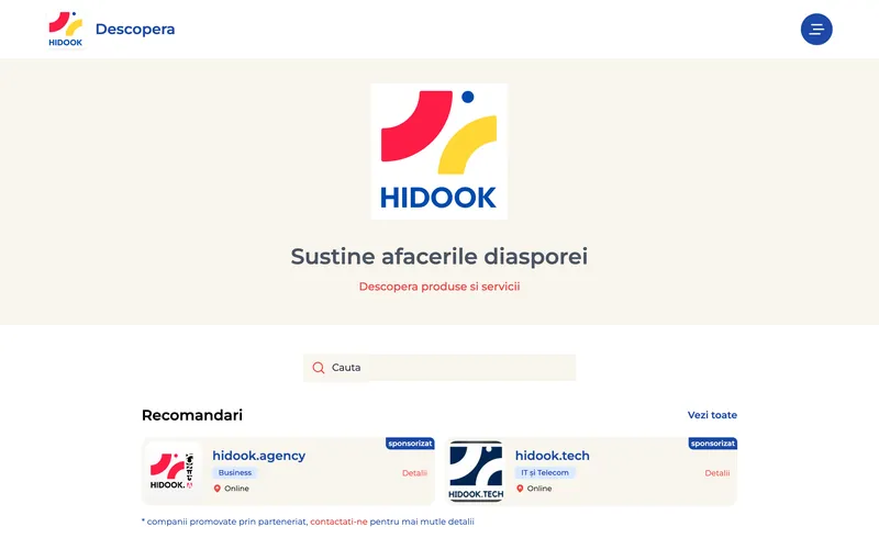 hidook.co.uk: “Support diaspora businesses” with a search box and recommended businesses.